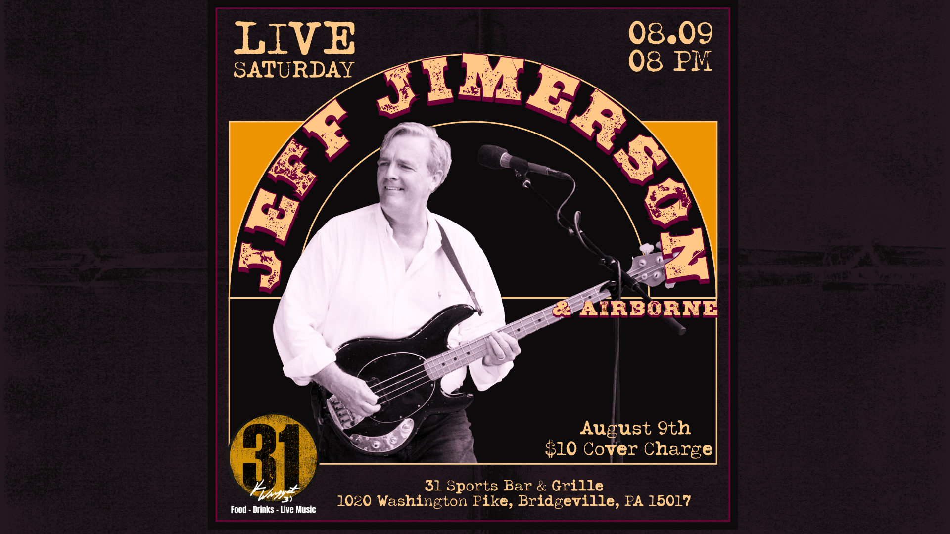 Smiling man with a guitar performs live; event details for Jeff Jimerson & Airborne on August 9.