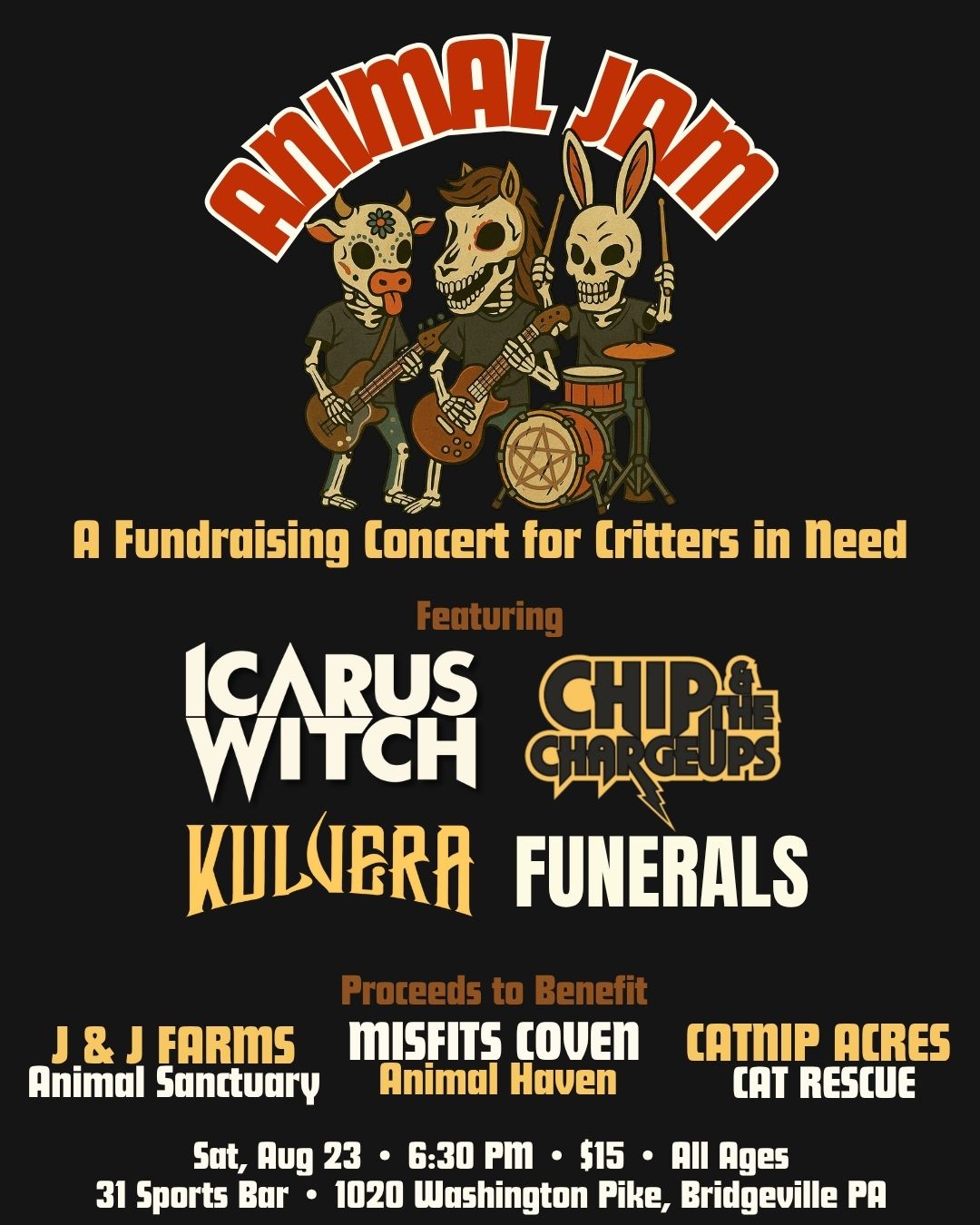 Poster for “Animal Jam” concert with cartoon animals and band names Icarus Witch, Chip & The Charge Ups.