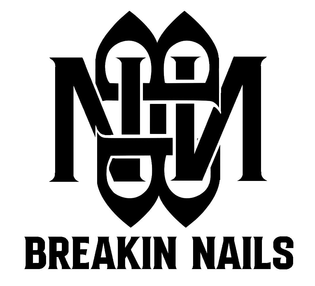 Black logo with overlapping letters NLM above the bold text BREAKIN NAILS on white background.
