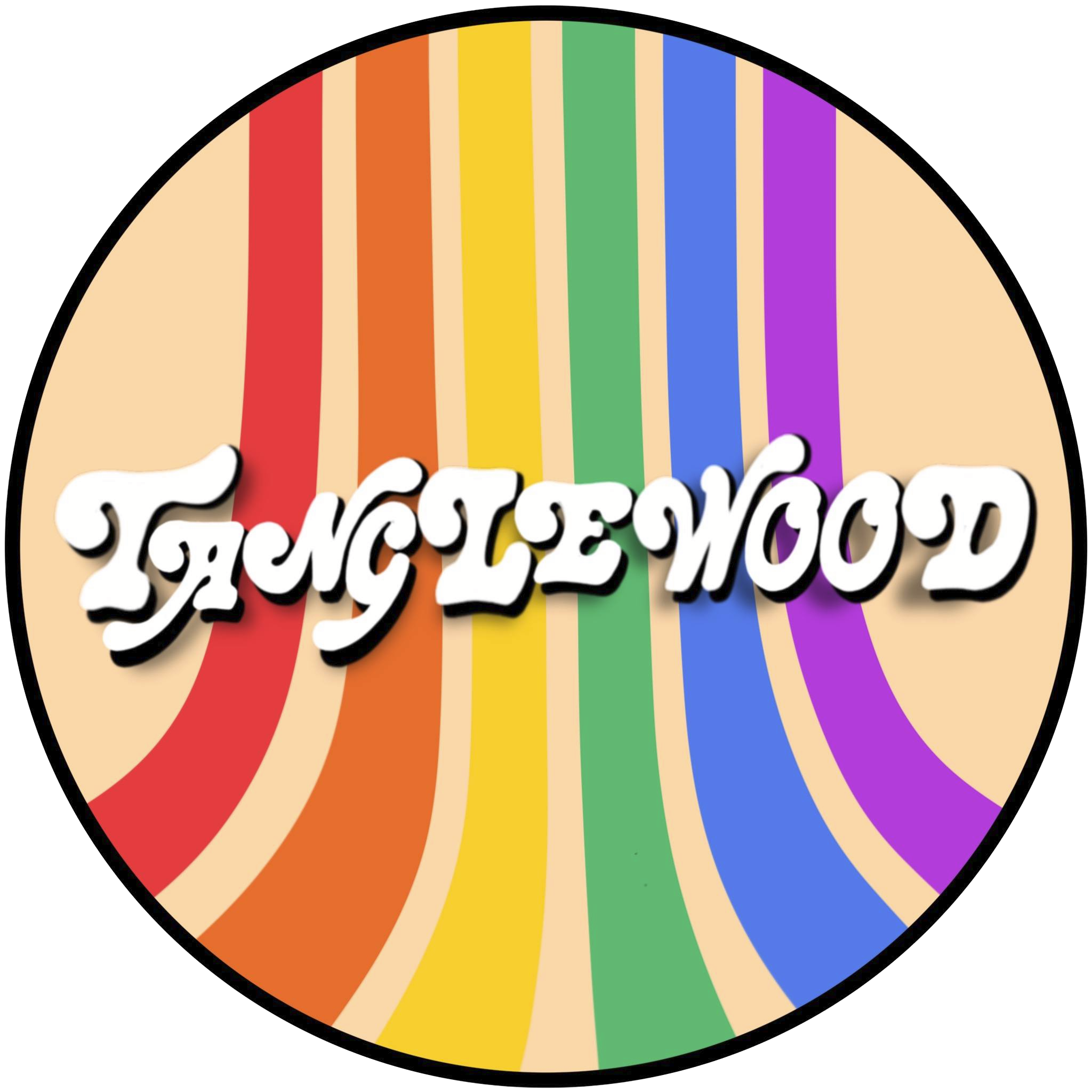 Retro Tanglewood text with wavy rainbow stripes in an oval on a beige background.