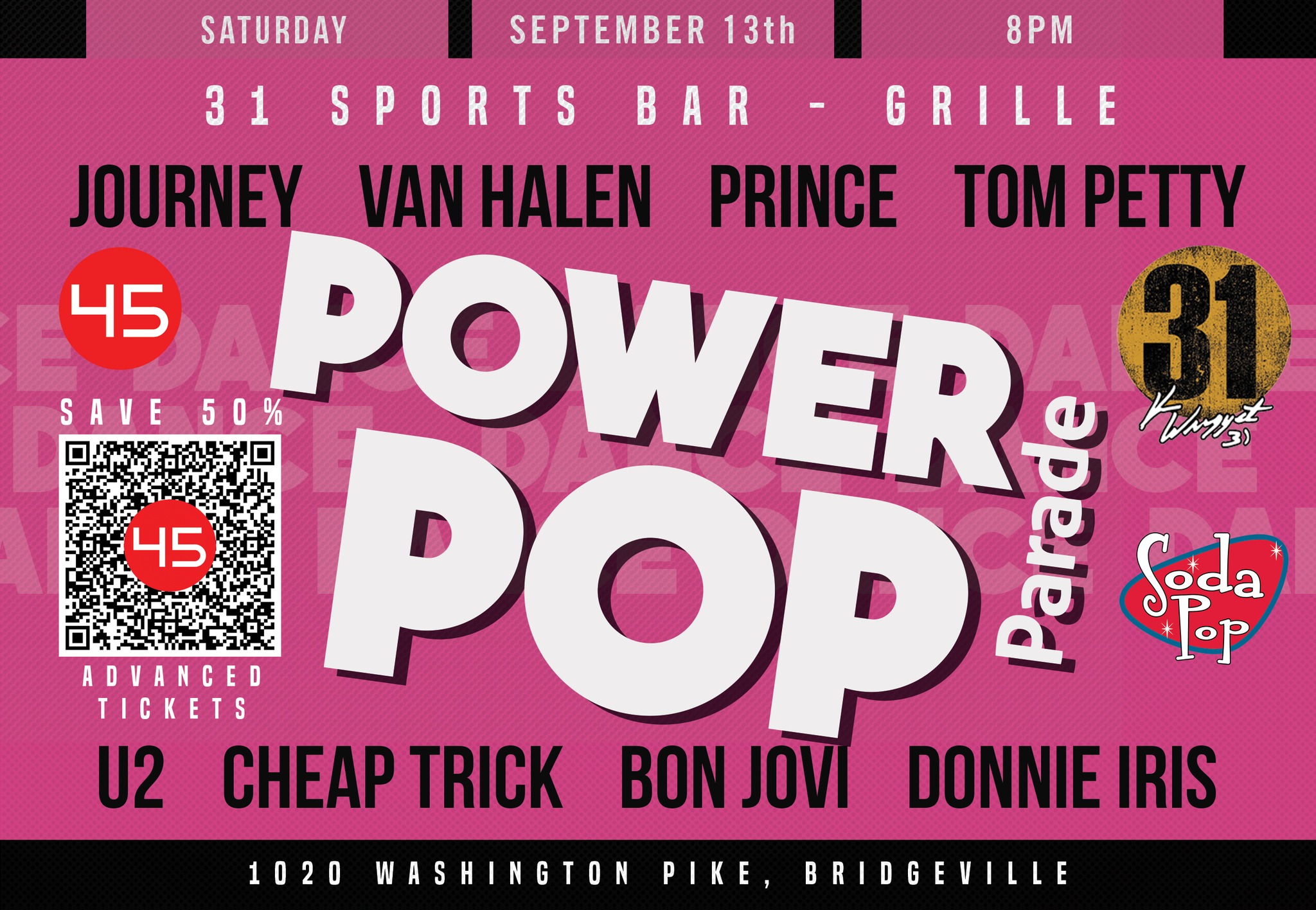 Pink concert poster for Power Pop Parade with band names and event details at 31 Sports Bar.