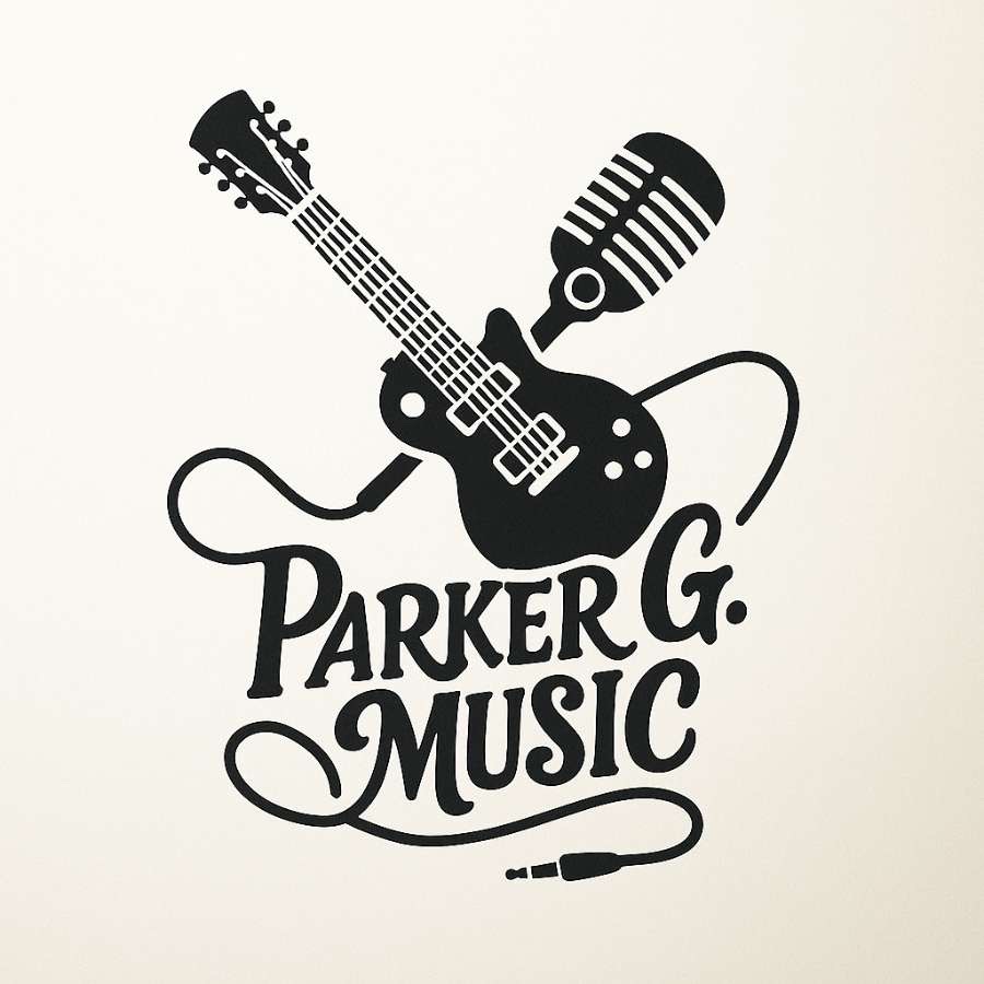 Black guitar and microphone above the text Parker G. Music with a winding cable below.