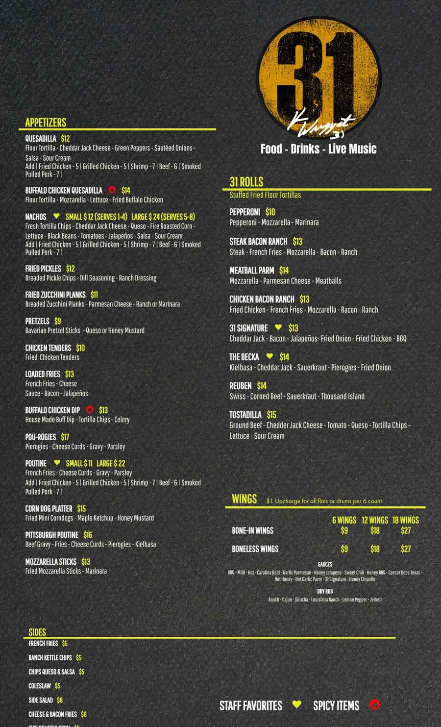 31 Sports Bar and Grill Menu from April 2026