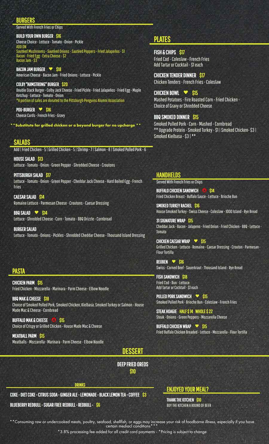 31 Sports Bar and Grill Menu from April 2026